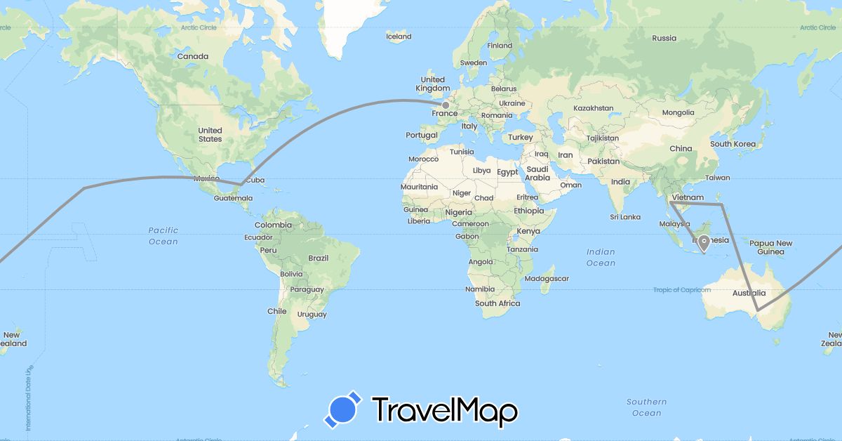 TravelMap itinerary: driving, plane in Australia, France, Indonesia, Mexico, Philippines, Thailand, United States, Vietnam (Asia, Europe, North America, Oceania)